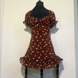 Brown Floral Ruffle Dress